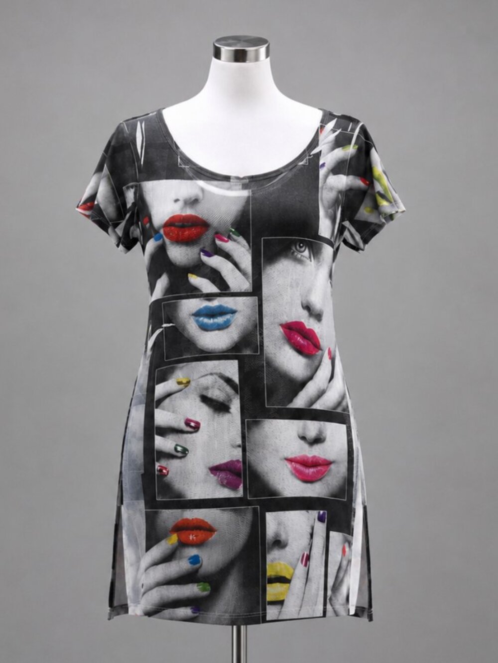 Retro Graphic Mesh Mini Dress Lips Nails Collage Print | Medium